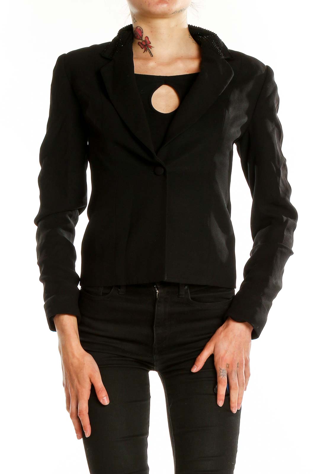 Front view of Petite Sophisticate black cropped blazer jacket