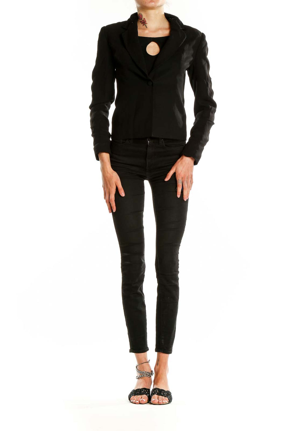 Front view of Petite Sophisticate black cropped blazer jacket