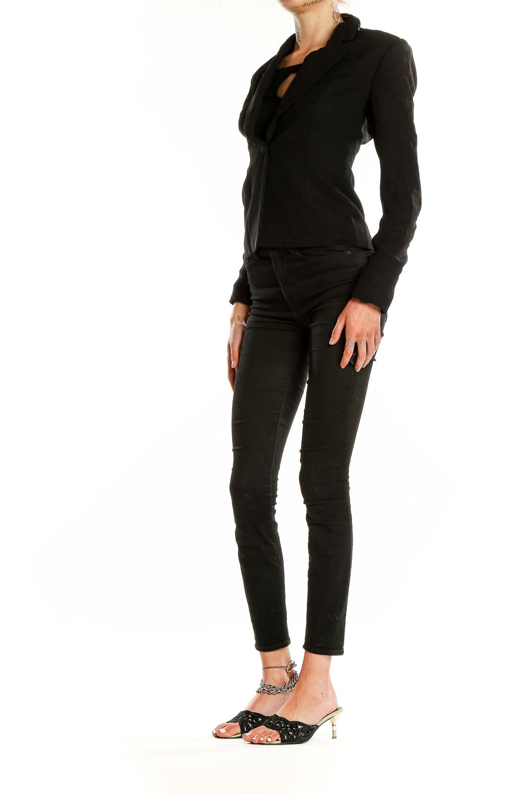 Front view of Petite Sophisticate black cropped blazer jacket