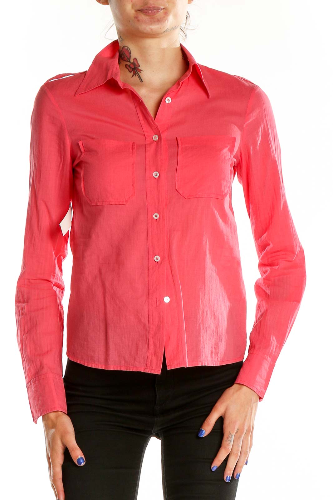 Front view of coral Tory Burch long sleeve button-up shirt