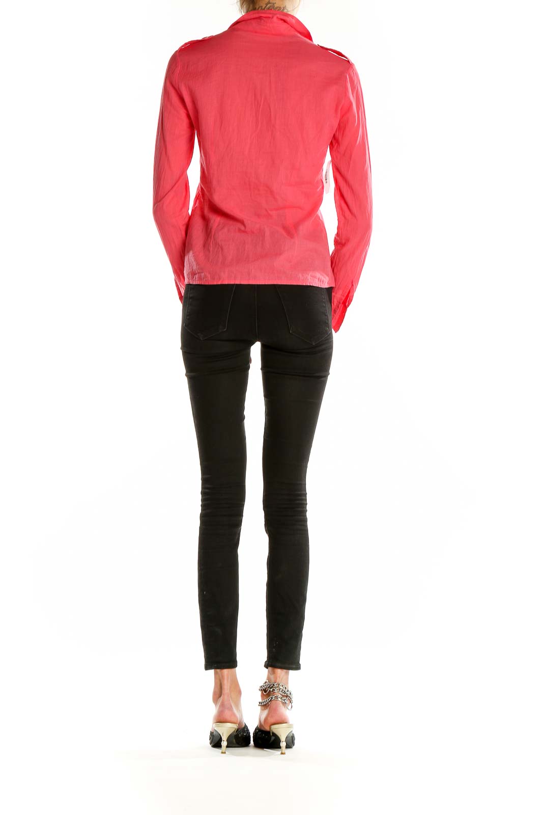 Back view of coral Tory Burch long sleeve button-up shirt