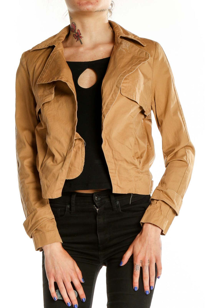 Front view of camel cropped moto jacket by Romeo & Juliet Couture