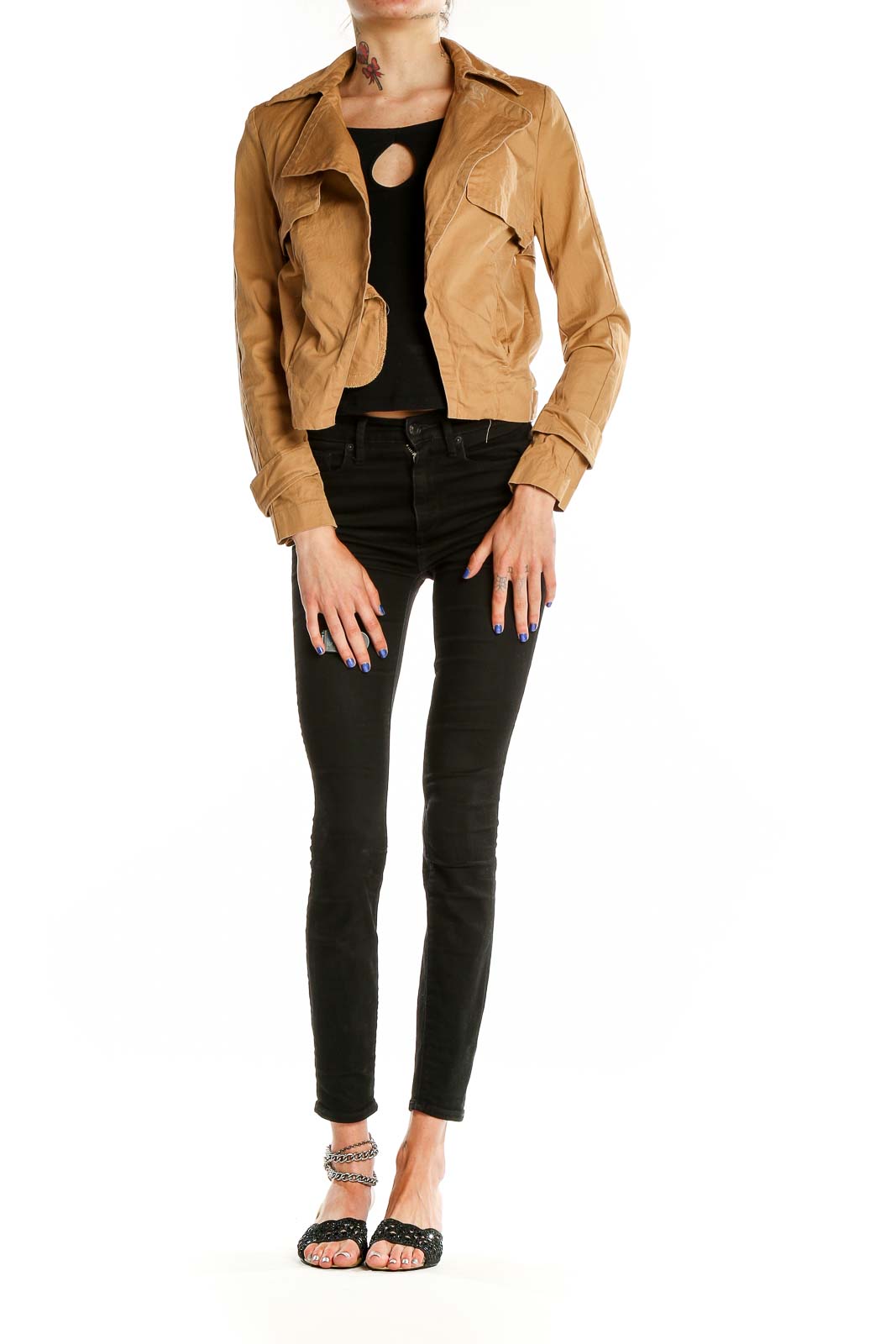 Front view of camel cropped moto jacket by Romeo & Juliet Couture