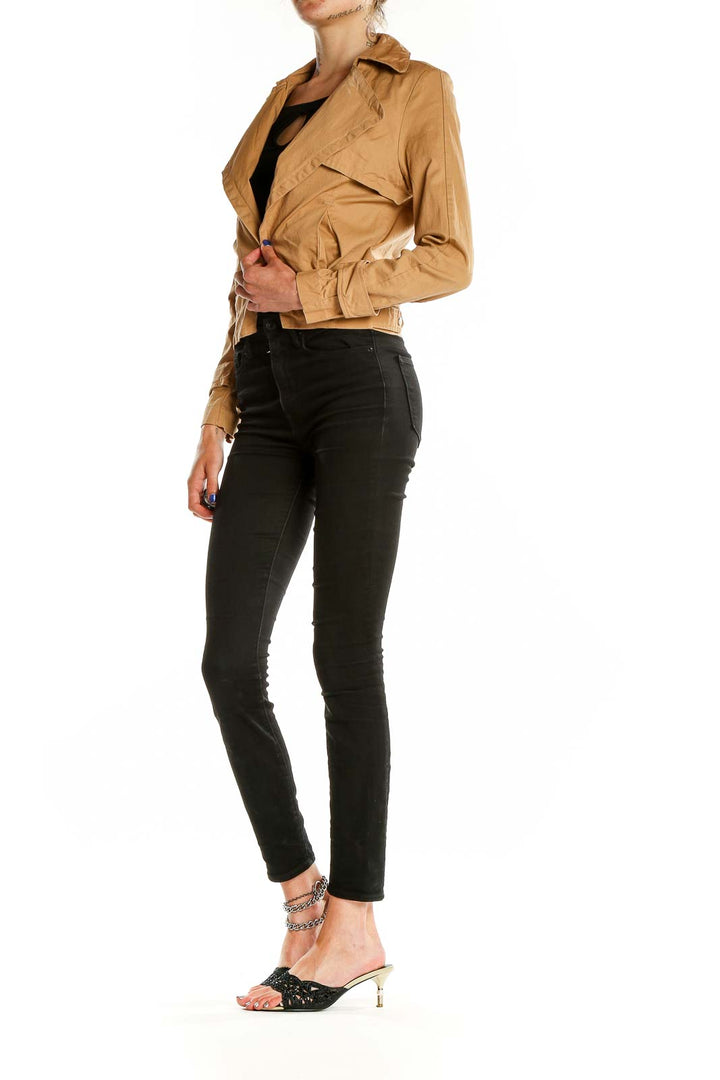 Front view of camel cropped moto jacket by Romeo & Juliet Couture