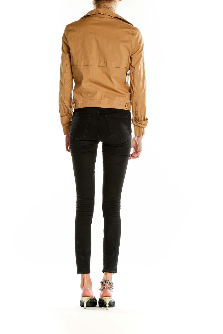 Back view of camel cropped moto jacket by Romeo & Juliet Couture