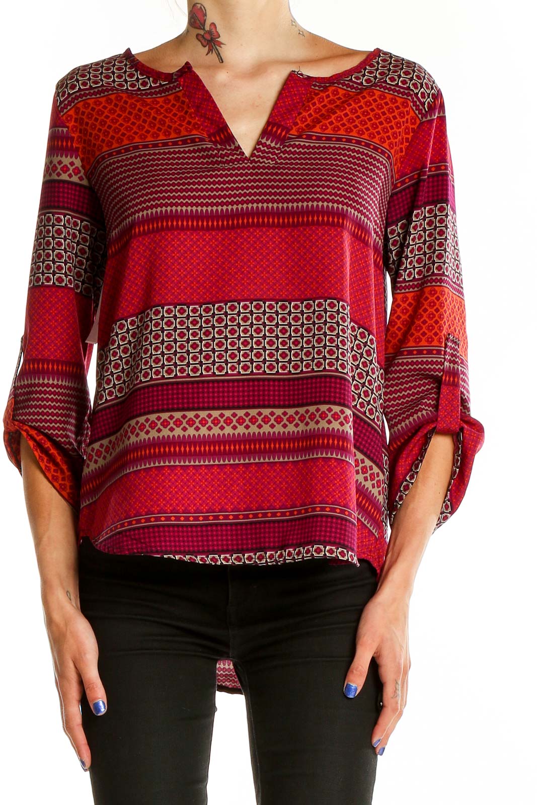 Front view of Ezra red geometric print V-neck blouse with 3/4 sleeves