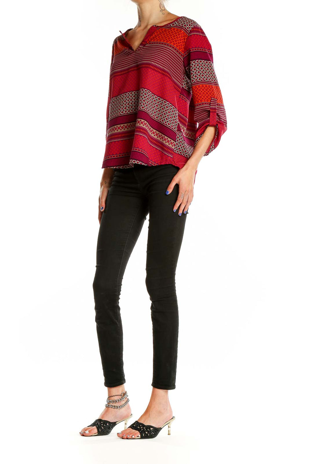 Front view of Ezra red geometric print V-neck blouse with 3/4 sleeves