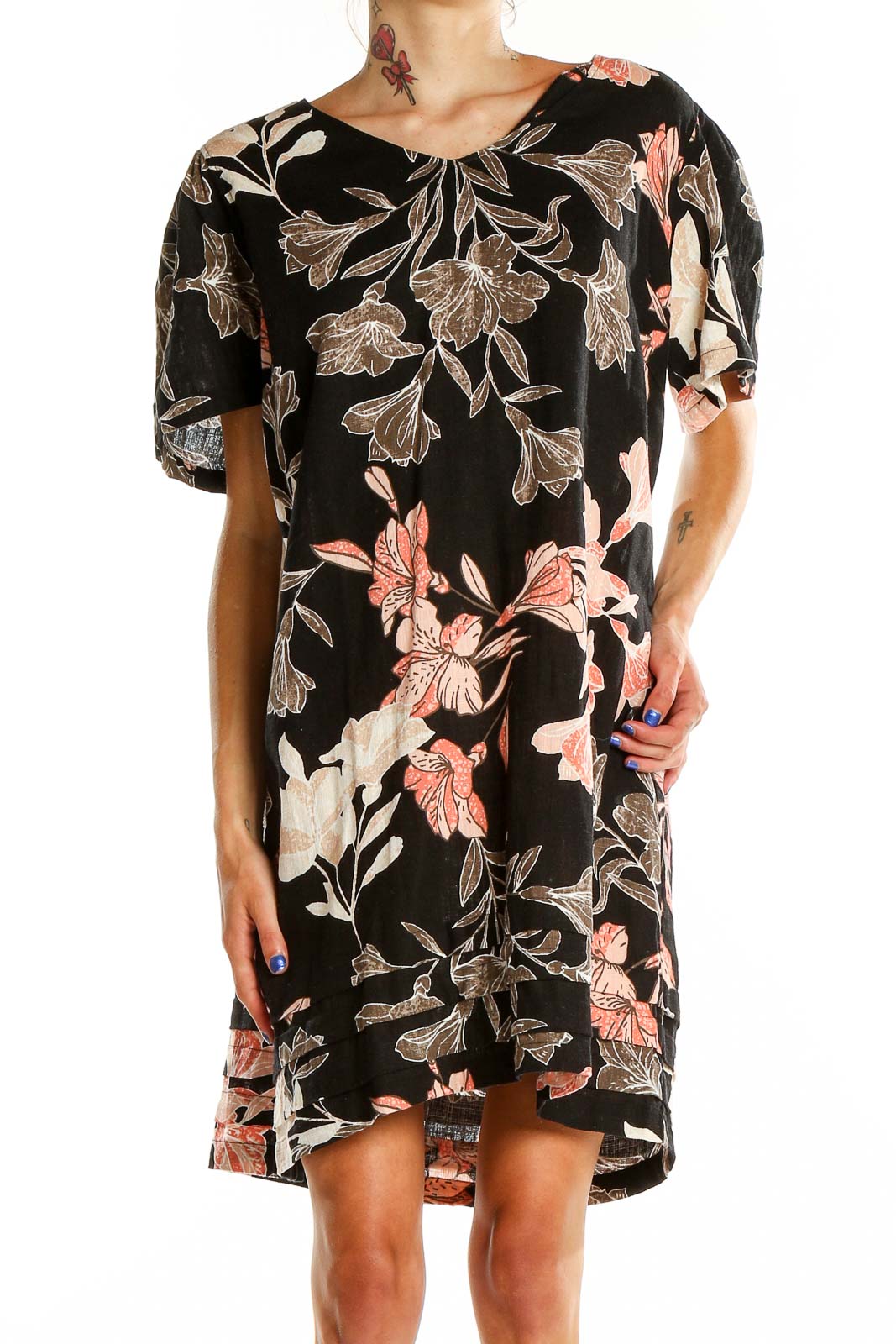 Front view of Original Nicole Miller black floral print short sleeve dress