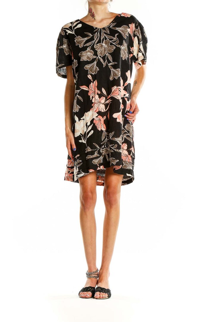 Front view of Original Nicole Miller black floral print short sleeve dress