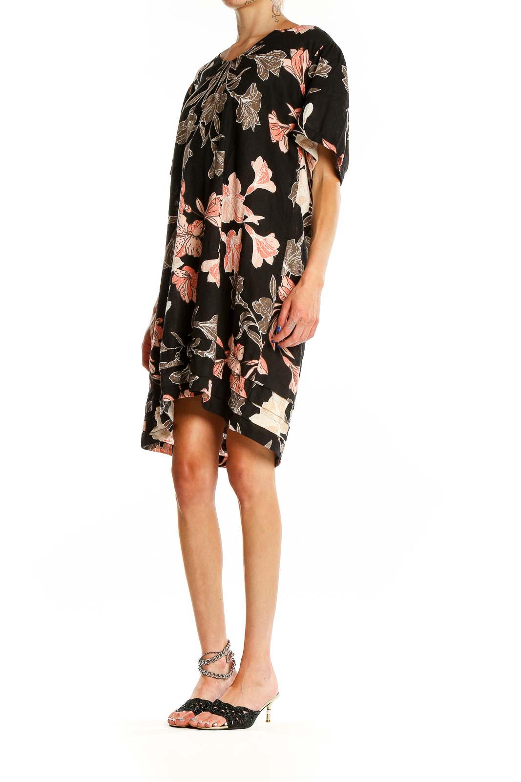 Front view of Original Nicole Miller black floral print short sleeve dress