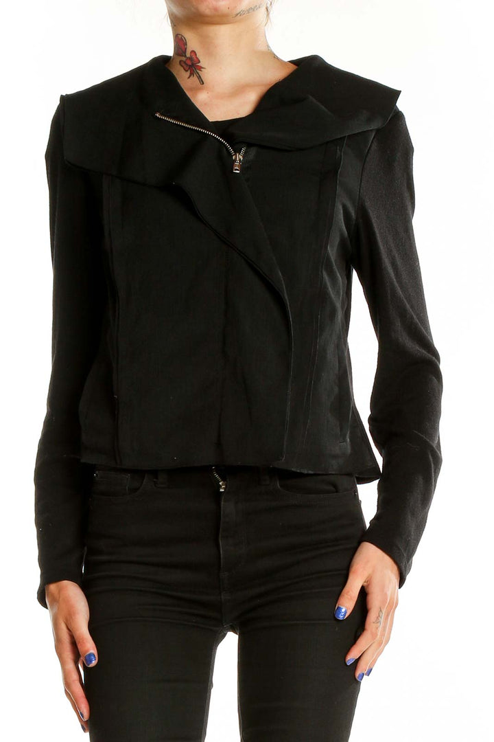 Front view of bar III Black Asymmetrical Zip-Front Jacket on model