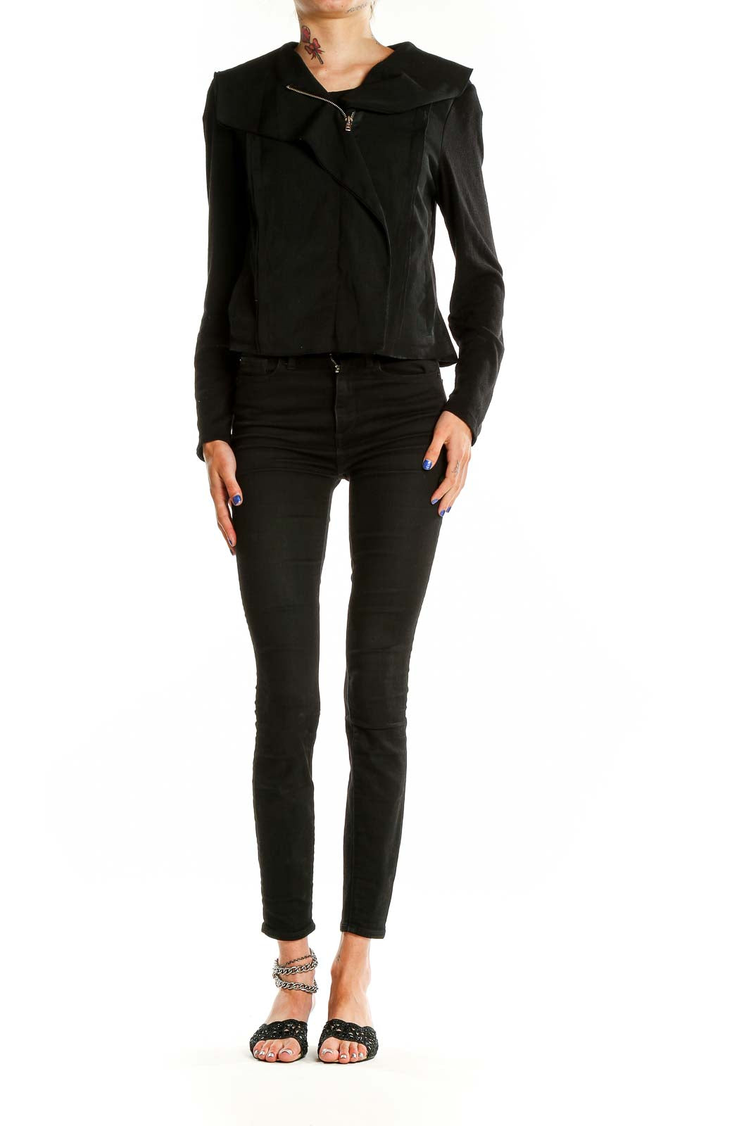 Front view of bar III Black Asymmetrical Zip-Front Jacket on model