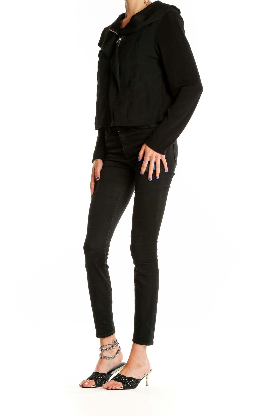 Front view of bar III Black Asymmetrical Zip-Front Jacket on model