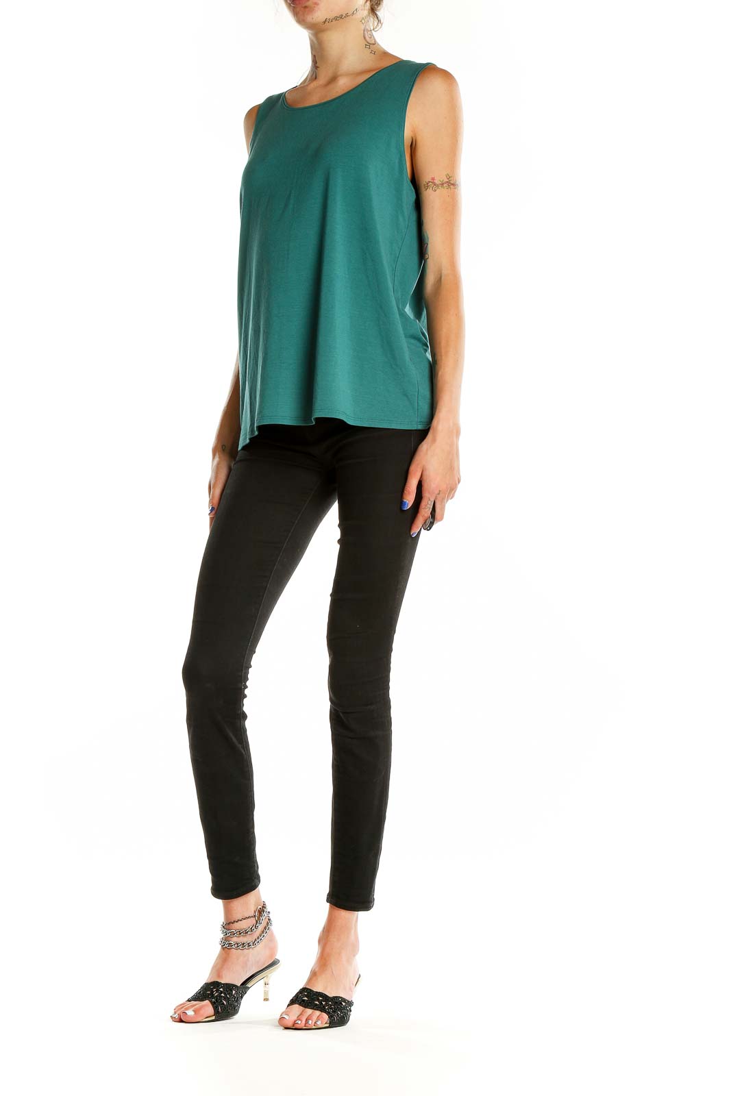 Front view of Eileen Fisher green sleeveless tank top with scoop neck