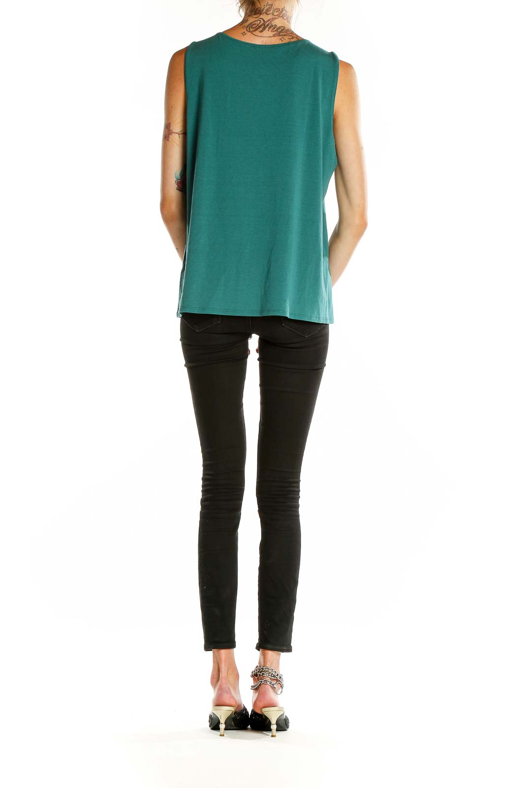 Back view of Eileen Fisher green sleeveless tank top showing relaxed fit