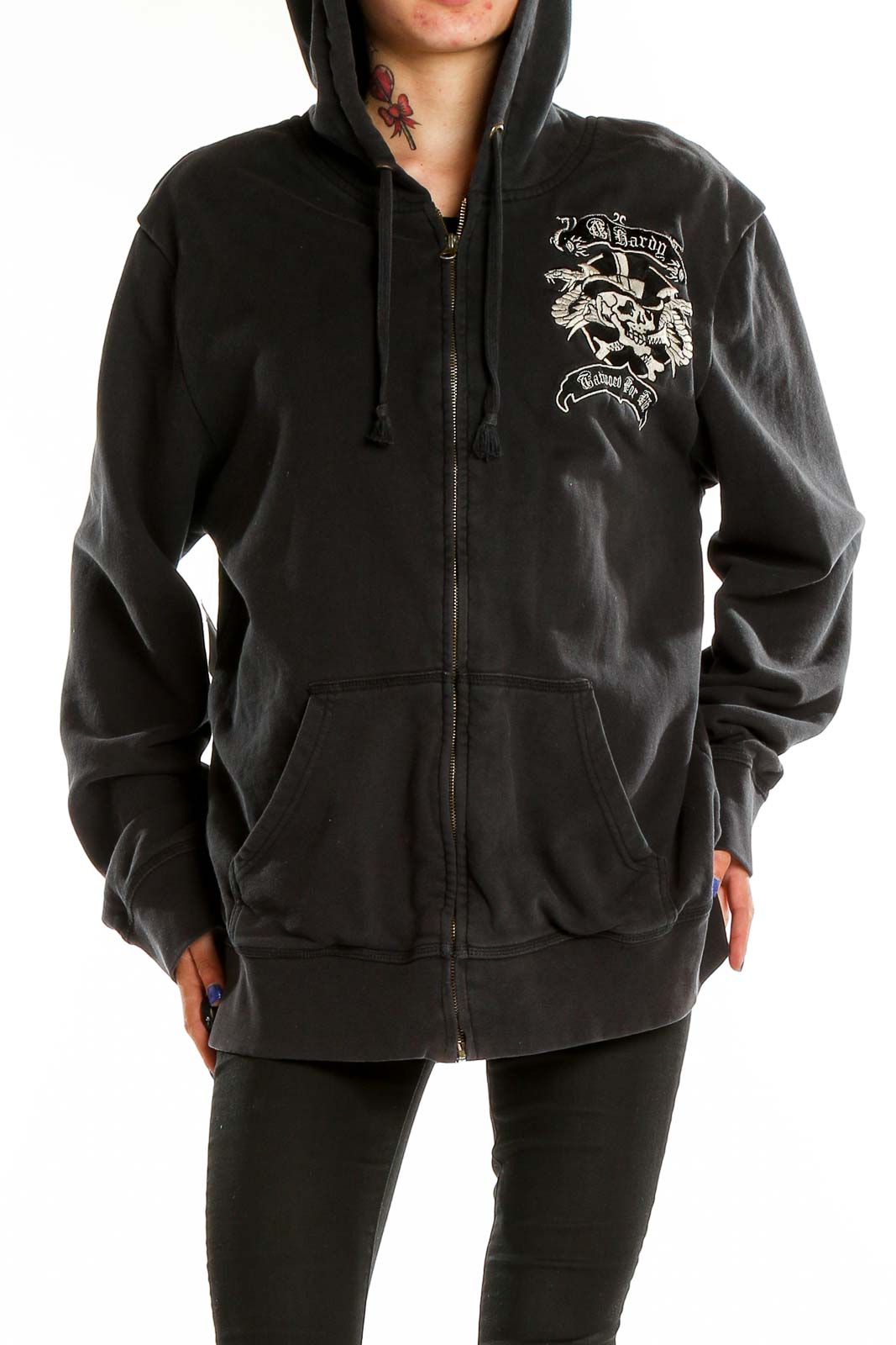 Front view of black Ed Hardy zip-up hoodie with graphic design