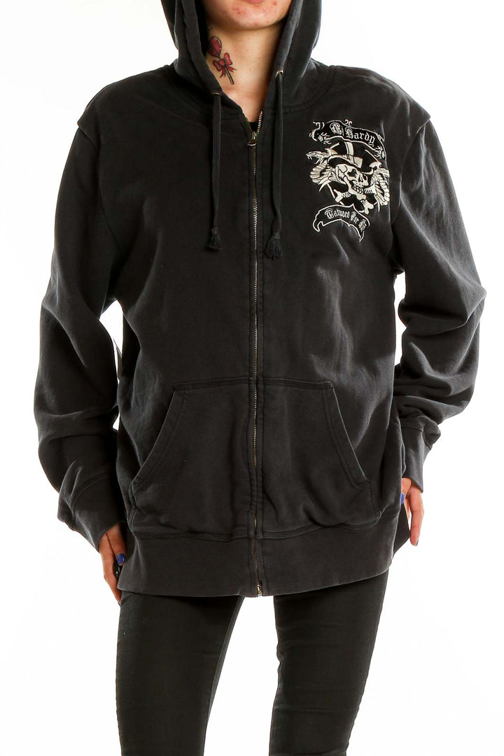 Front view of black Ed Hardy zip-up hoodie with graphic design