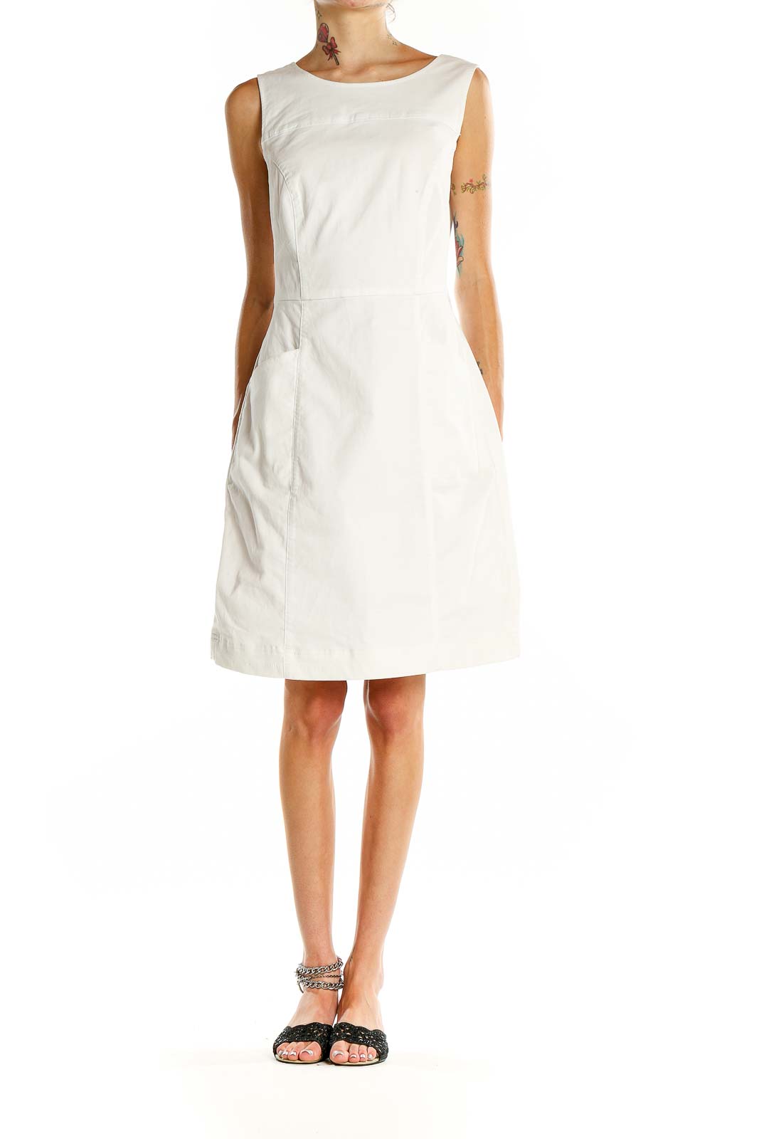 Front view of white sleeveless A-line dress from Boden