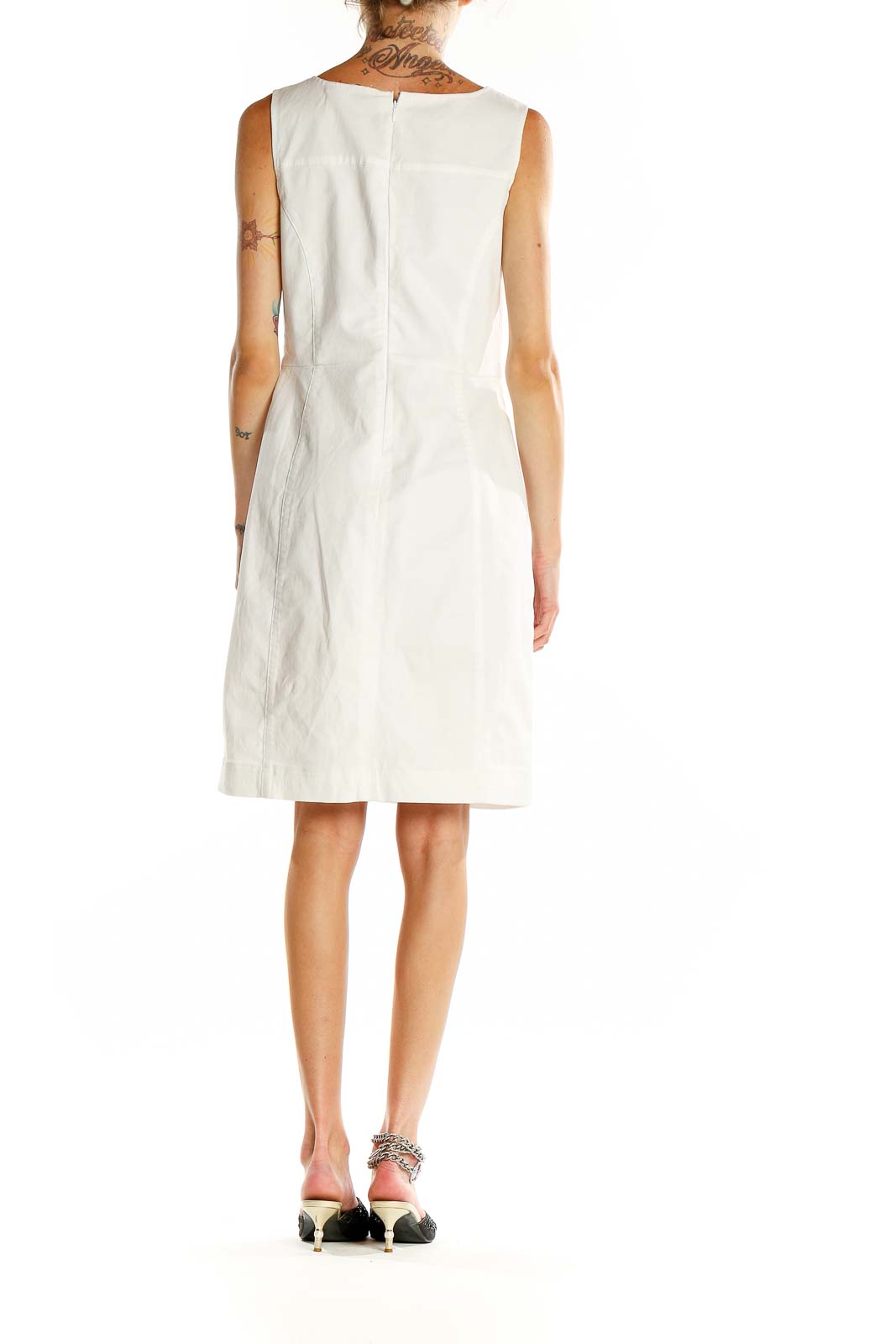 Back view of white sleeveless A-line dress from Boden