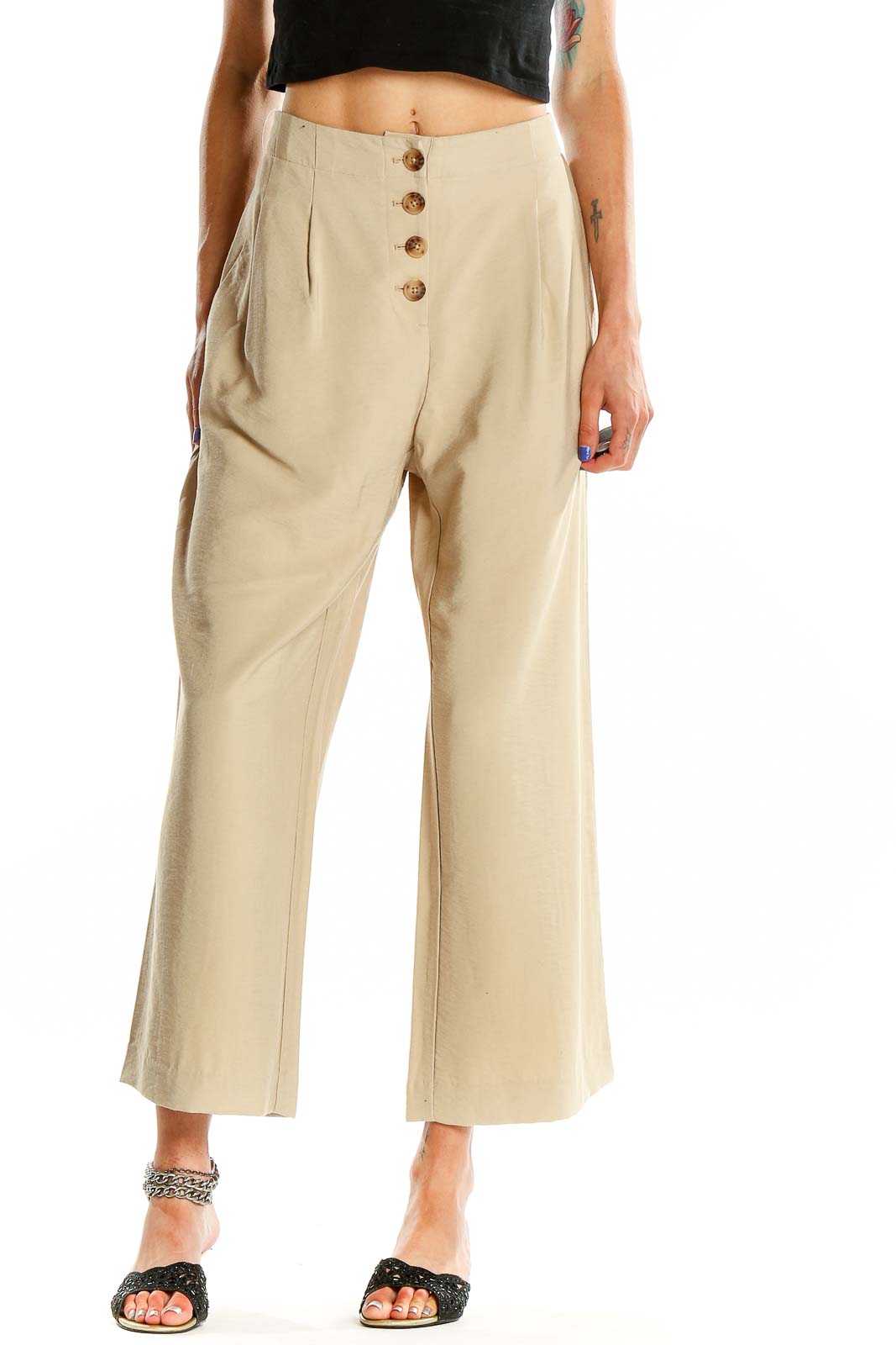 Beige Classic Wide Leg Trousers