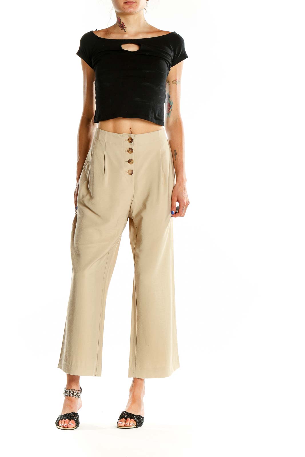 Beige Classic Wide Leg Trousers