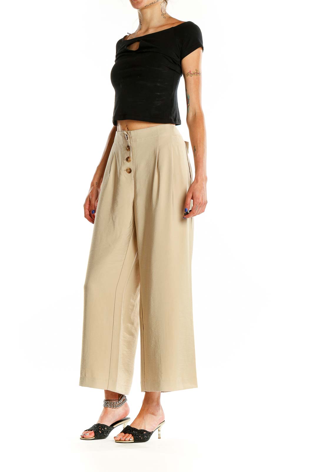 Beige Classic Wide Leg Trousers