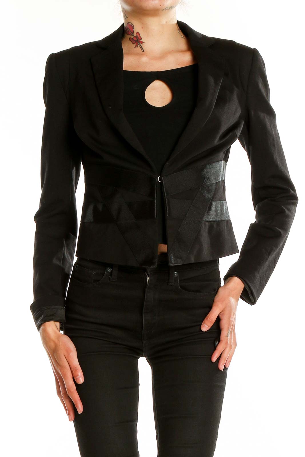 Front view of Bebe black cropped blazer with leather panels