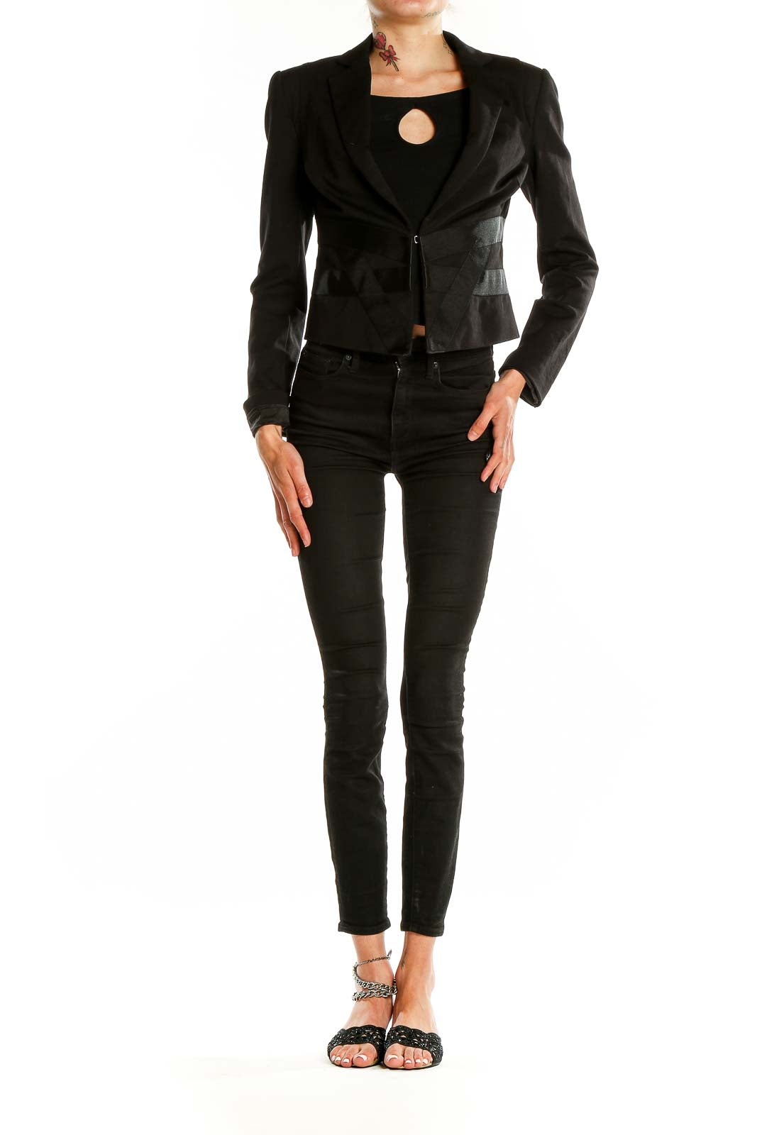 Front view of Bebe black cropped blazer with leather panels