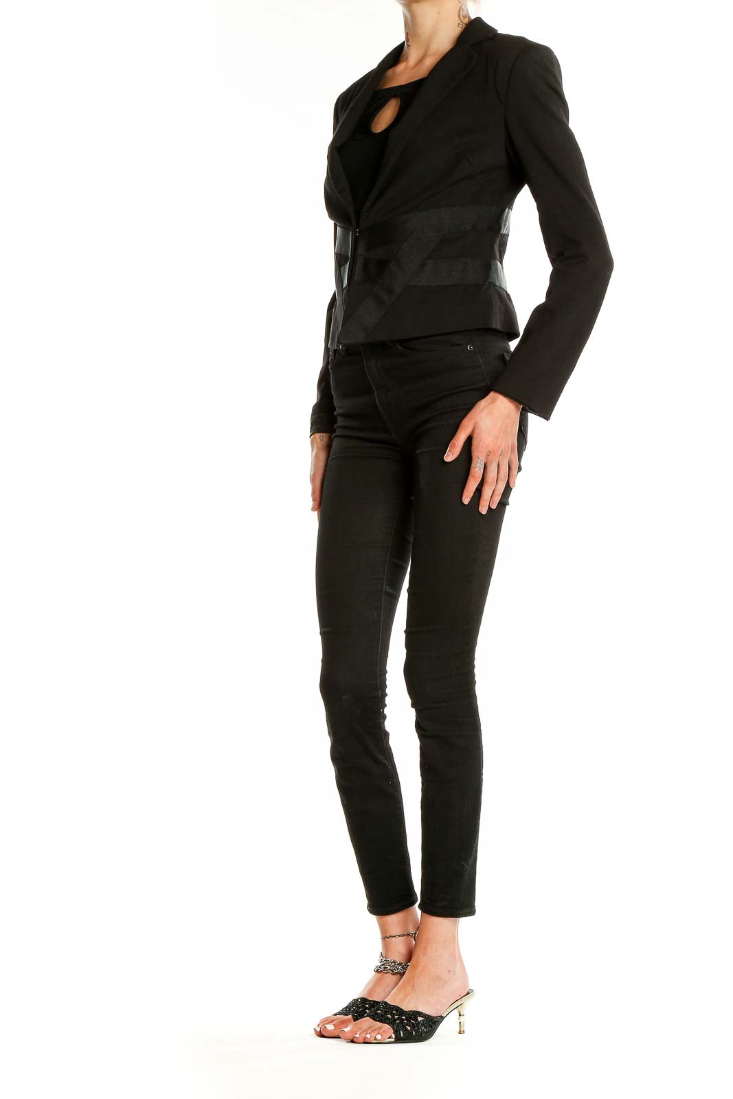 Front view of Bebe black cropped blazer with leather panels