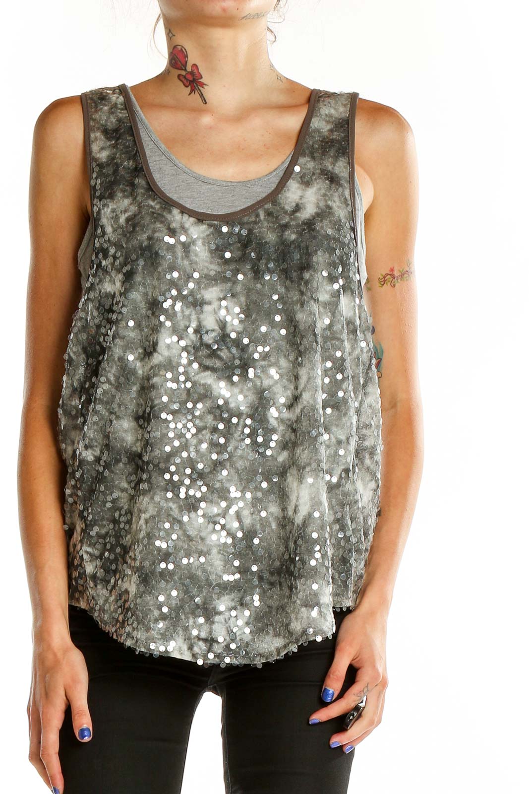 Front view of MM Couture gray sequined tank top with tie-dye effect