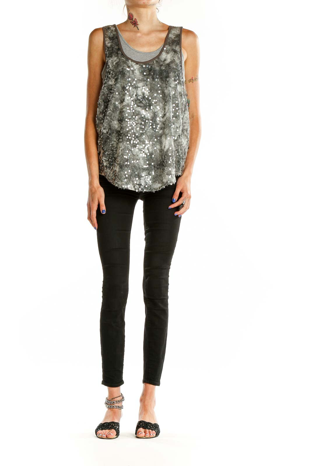 Front view of MM Couture gray sequined tank top with tie-dye effect