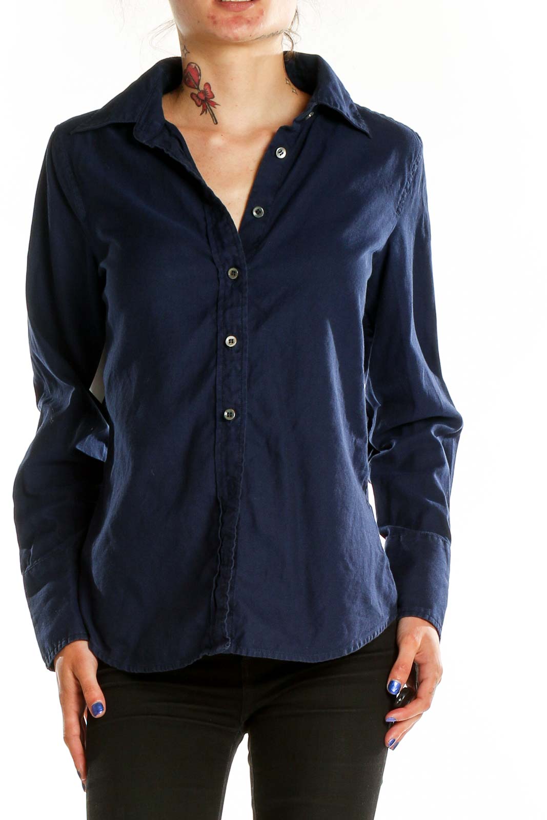 Front view of J.Crew navy cotton button-down shirt on model