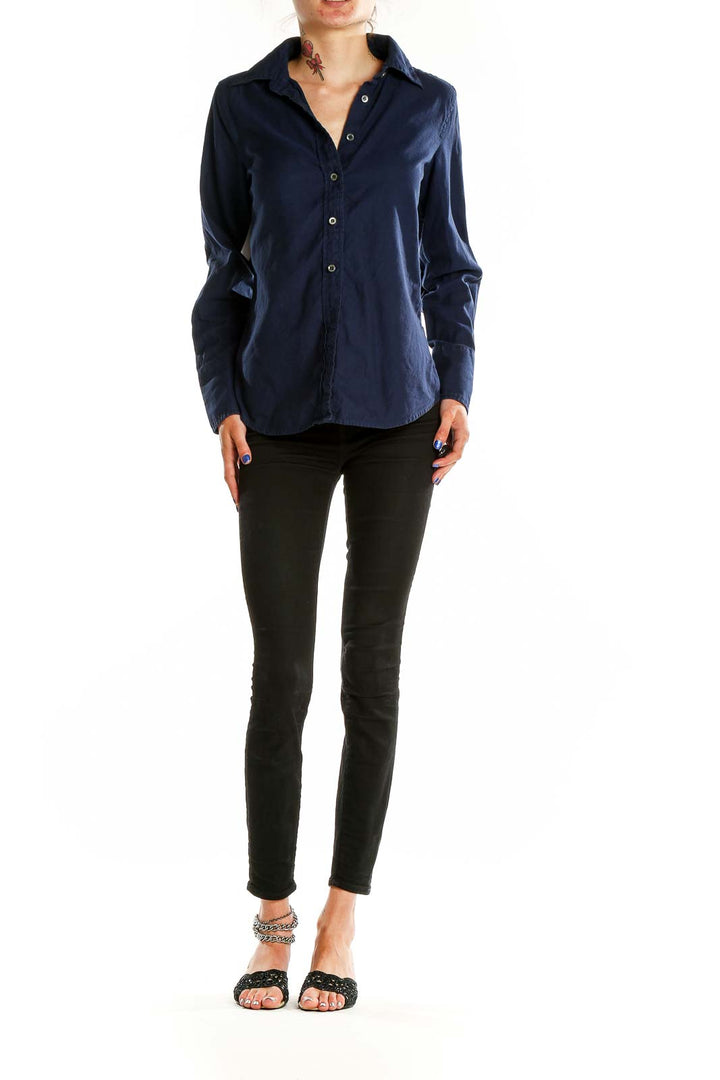 Front view of J.Crew navy cotton button-down shirt on model