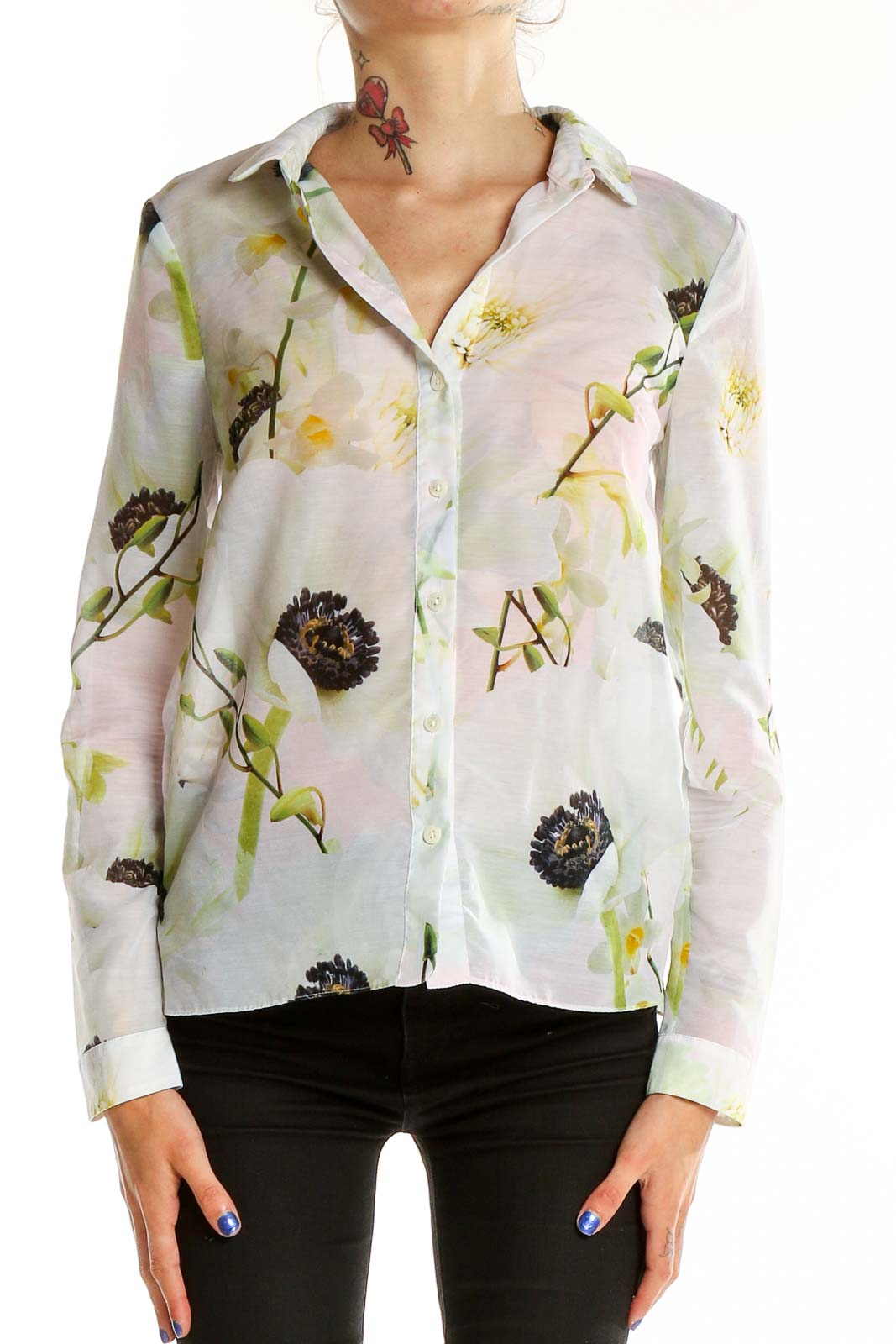 Front view of Ted Baker London white floral print button-up blouse