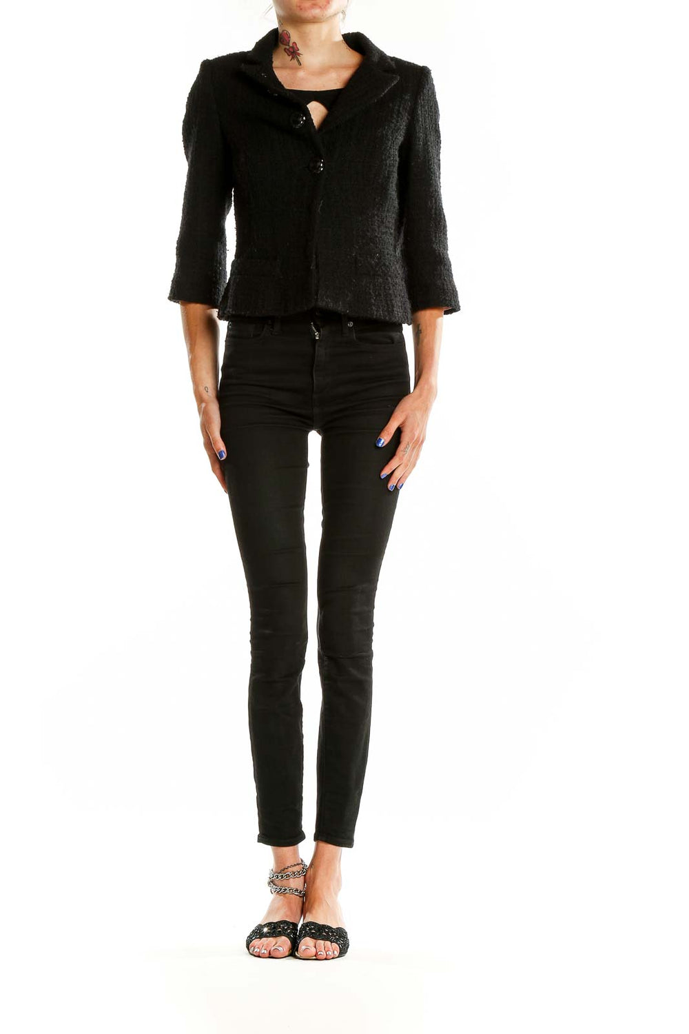 Front view of Milly black textured cropped blazer with three-button closure