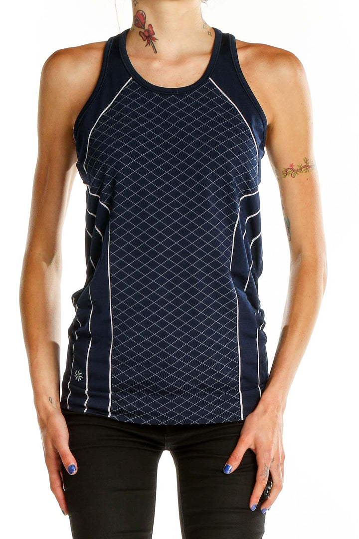 Front view of navy Athleta performance tank top with diamond pattern