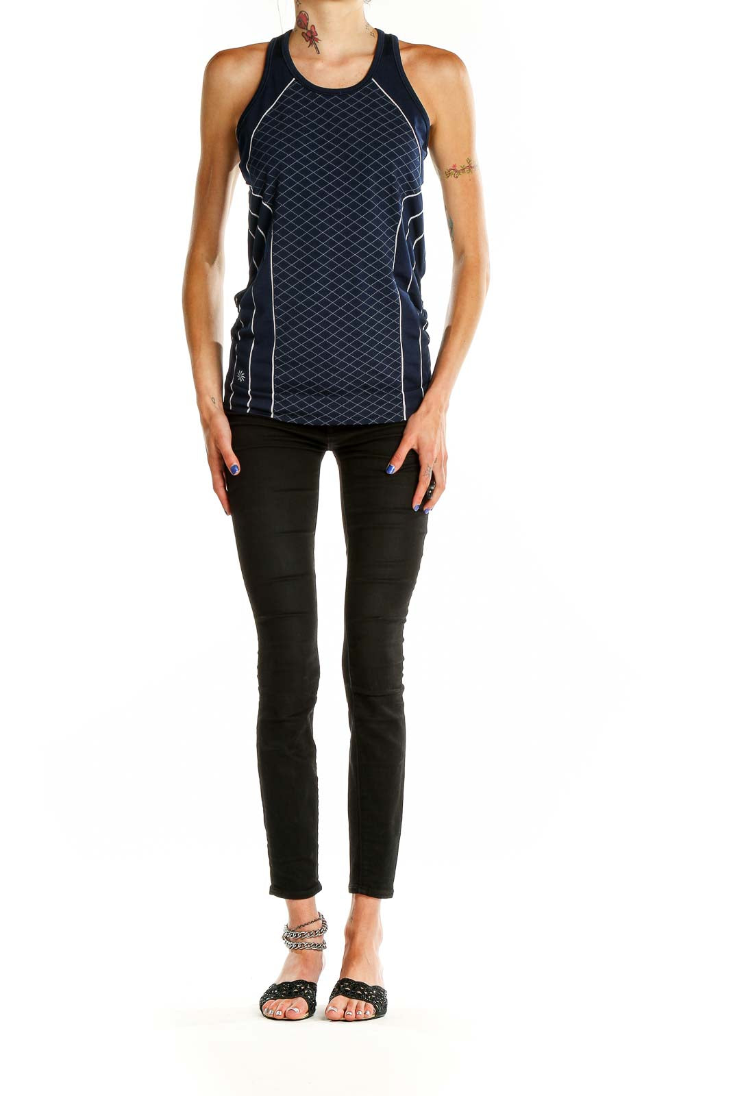 Front view of navy Athleta performance tank top with diamond pattern