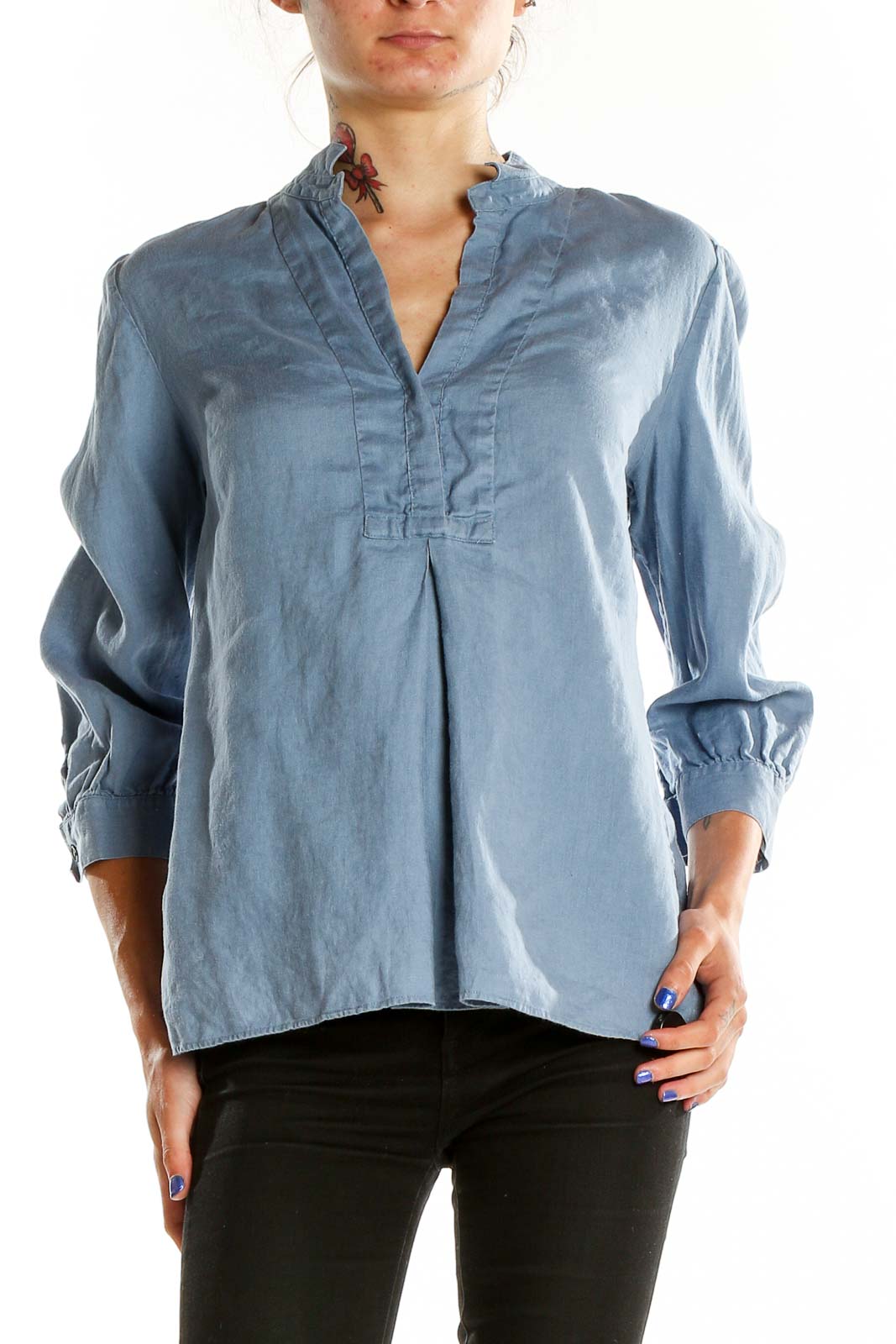 Front view of blue Ann Taylor blouse with V-neck and pleated detail