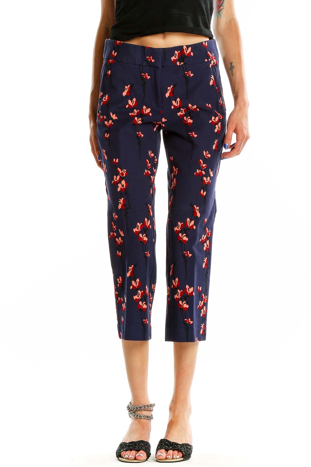 Front view of Ann Taylor LOFT Petites navy cropped pants with red floral print