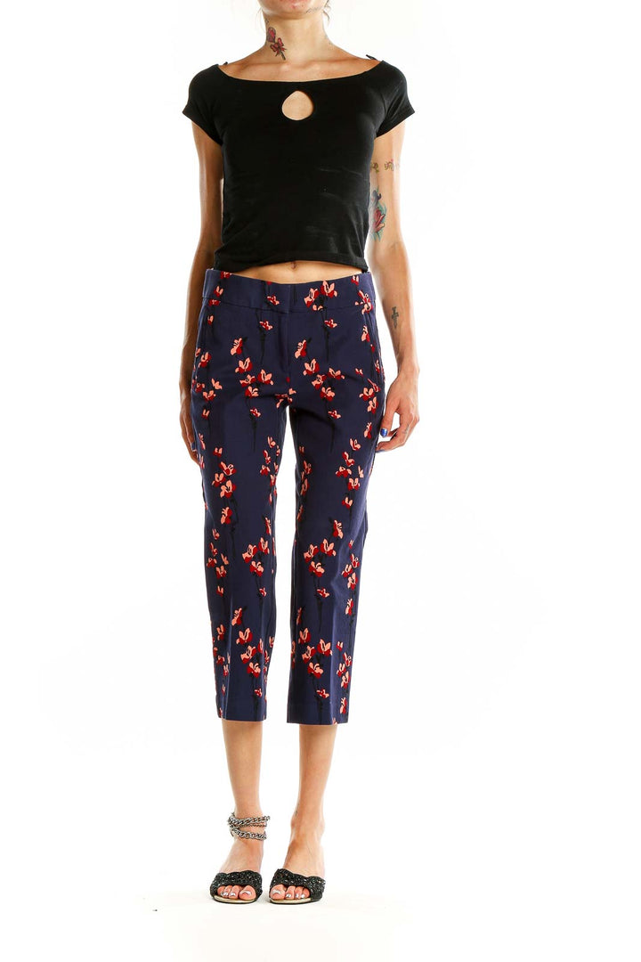 Front view of Ann Taylor LOFT Petites navy cropped pants with red floral print