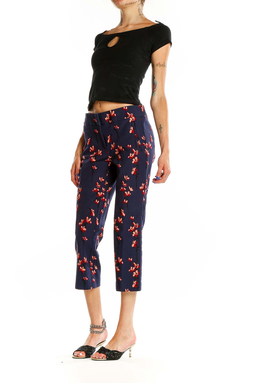 Front view of Ann Taylor LOFT Petites navy cropped pants with red floral print