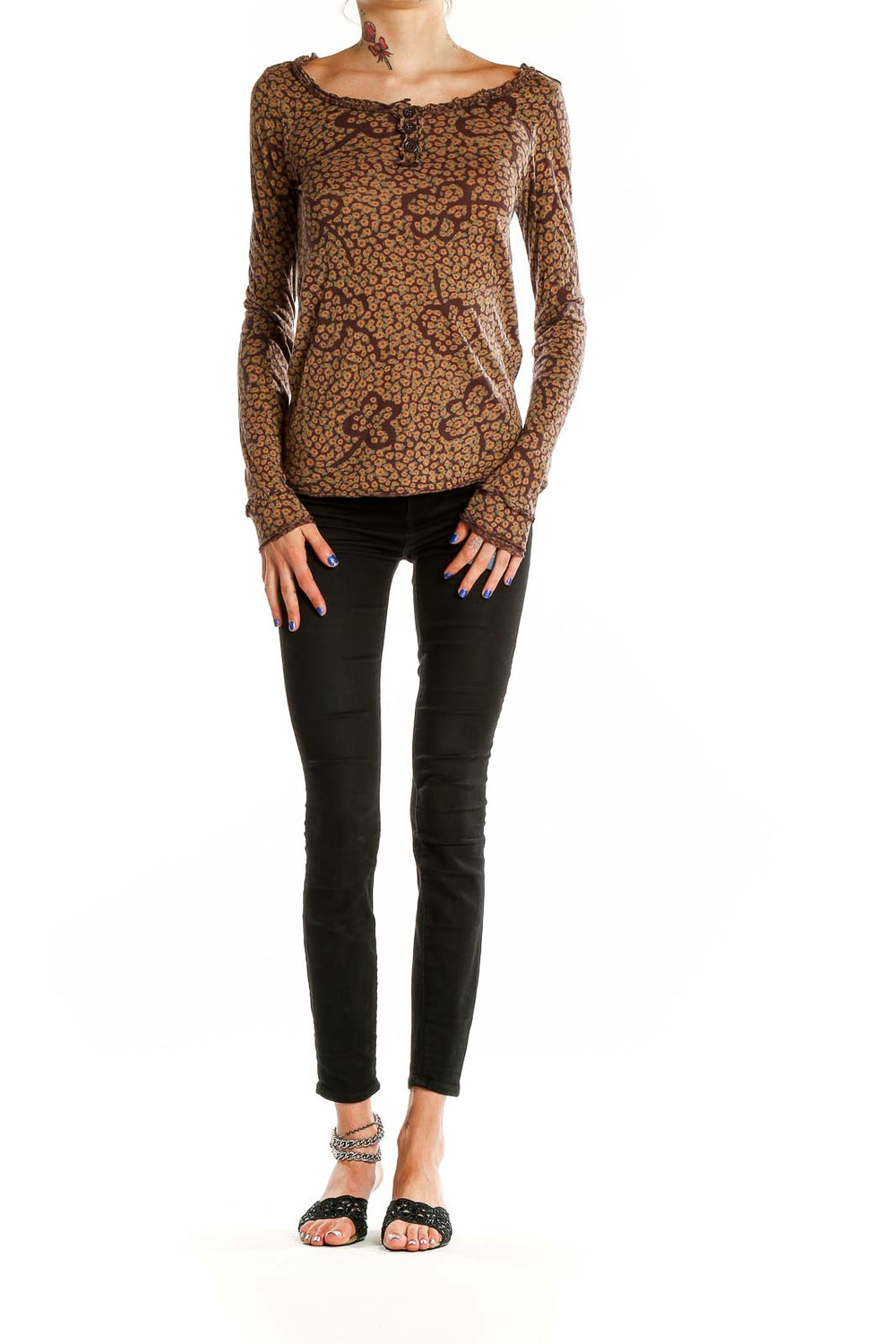 Front view of Marc By Marc Jacobs brown leopard print long sleeve top