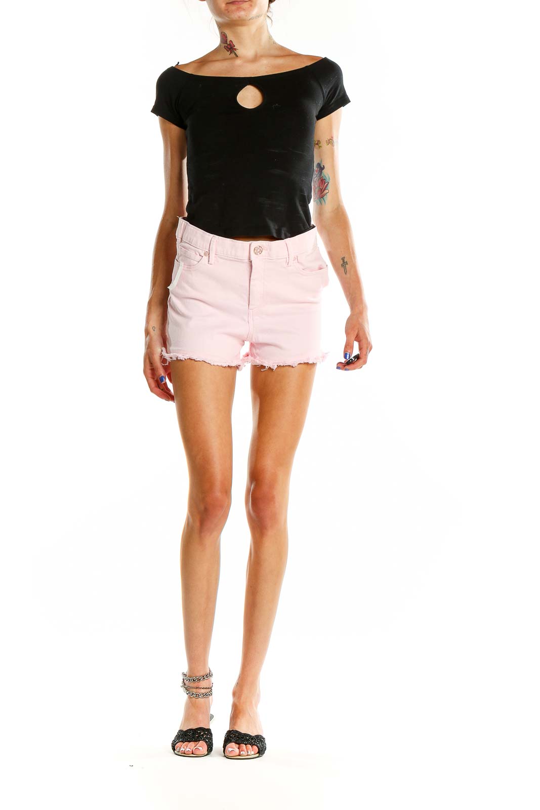 Front view of Lilly Pulitzer pink denim shorts with frayed hem