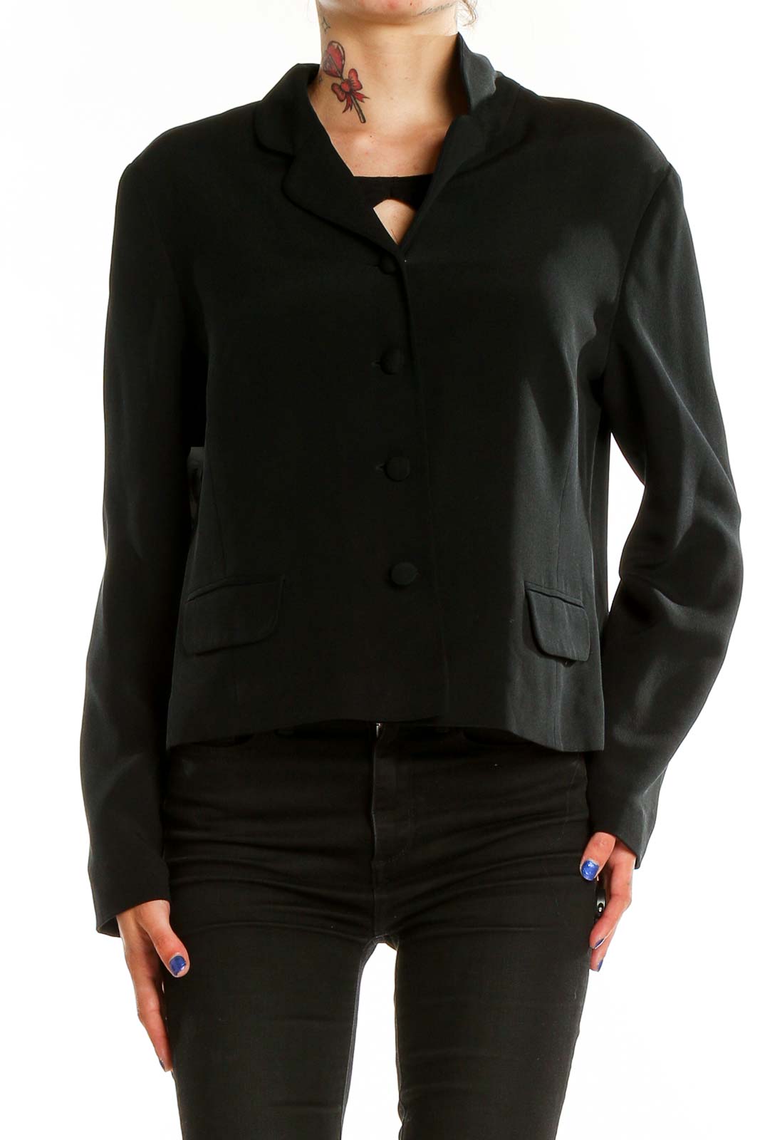 Front view of Talbots black silk cropped blazer with button closure