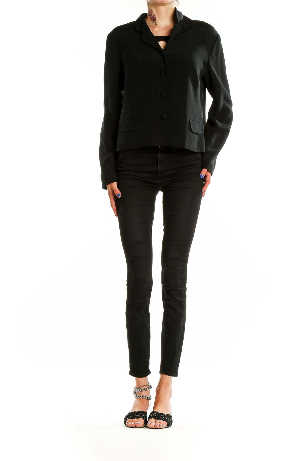 Front view of Talbots black silk cropped blazer with button closure