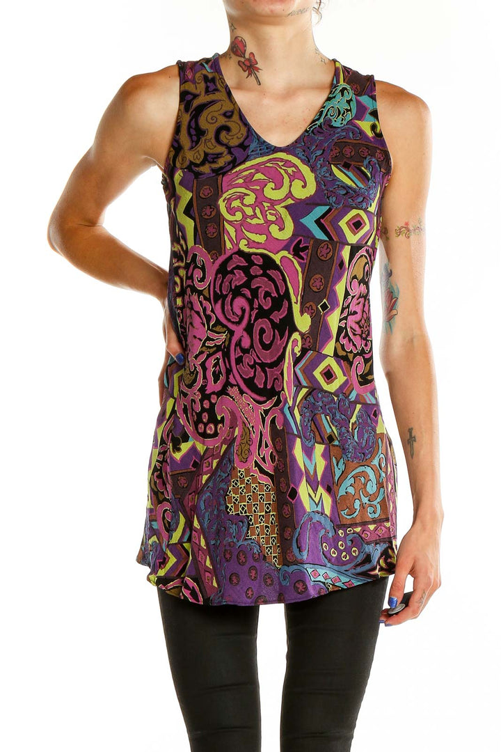 Front view of Betsy Johnson multicolor psychedelic print sleeveless tunic