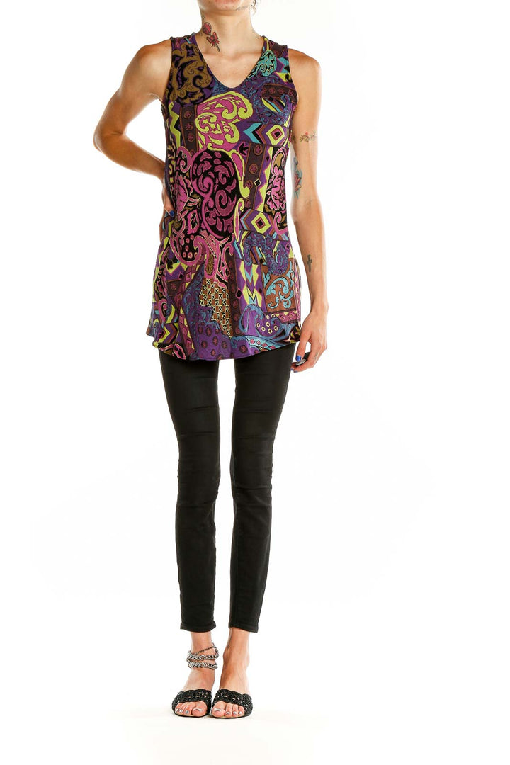 Front view of Betsy Johnson multicolor psychedelic print sleeveless tunic