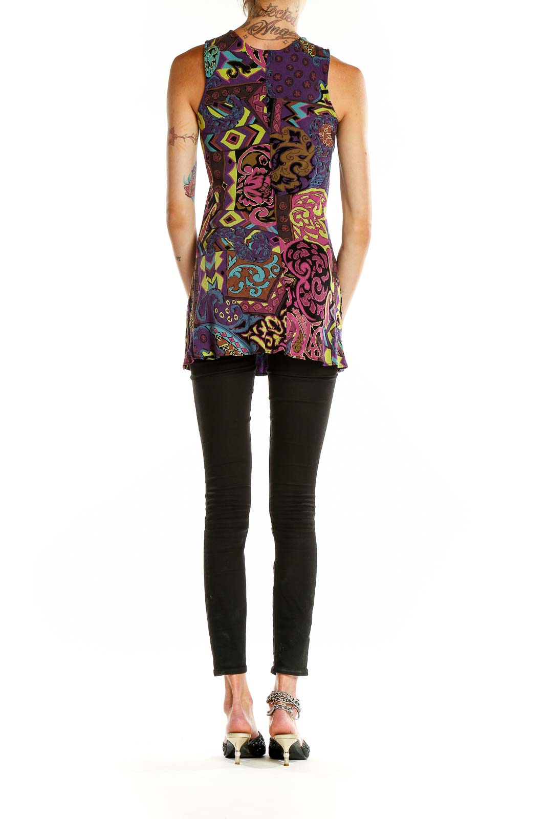 Back view of Betsy Johnson multicolor psychedelic print sleeveless tunic