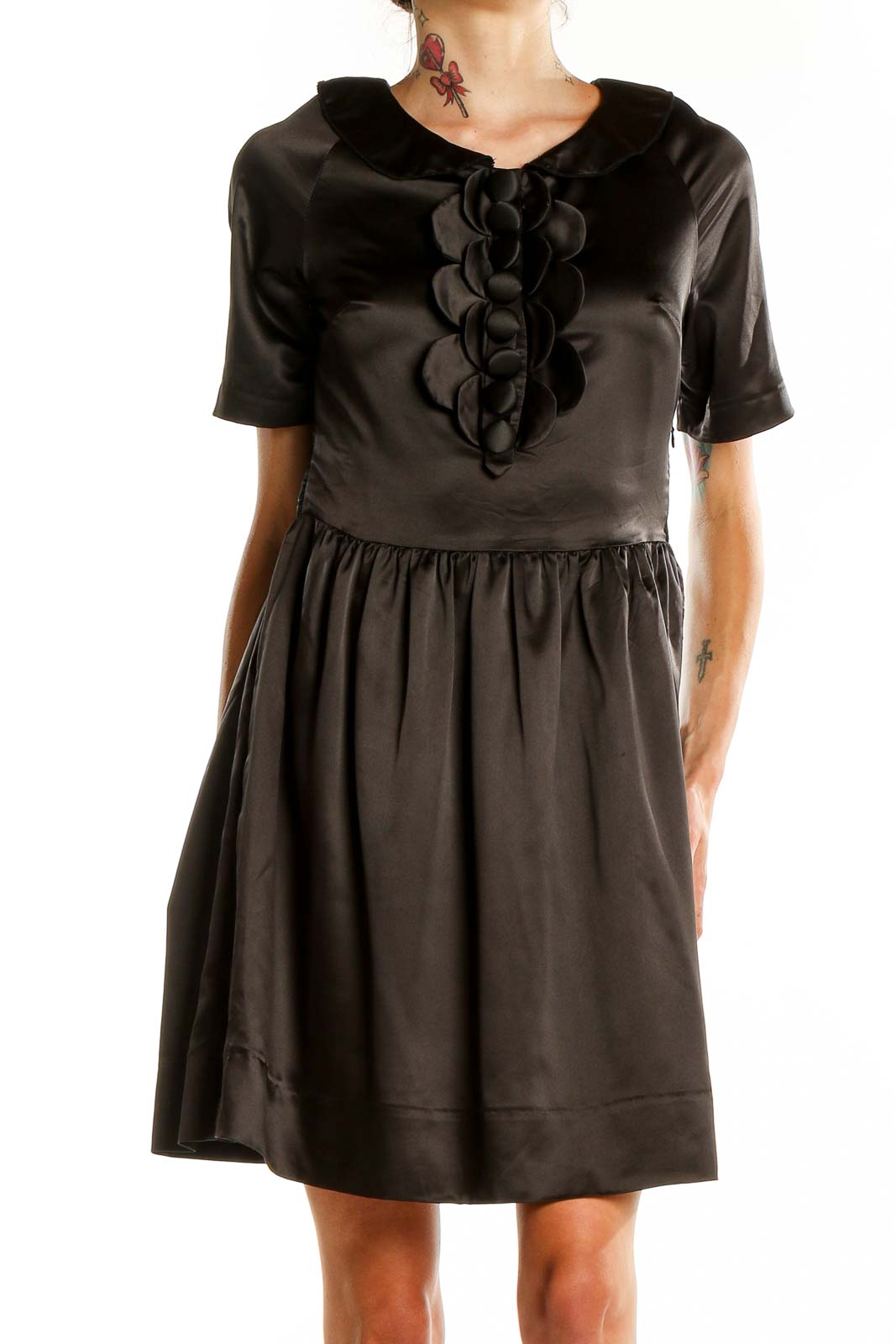 Front view of Marc By Marc Jacobs black satin dress with ruffle detail