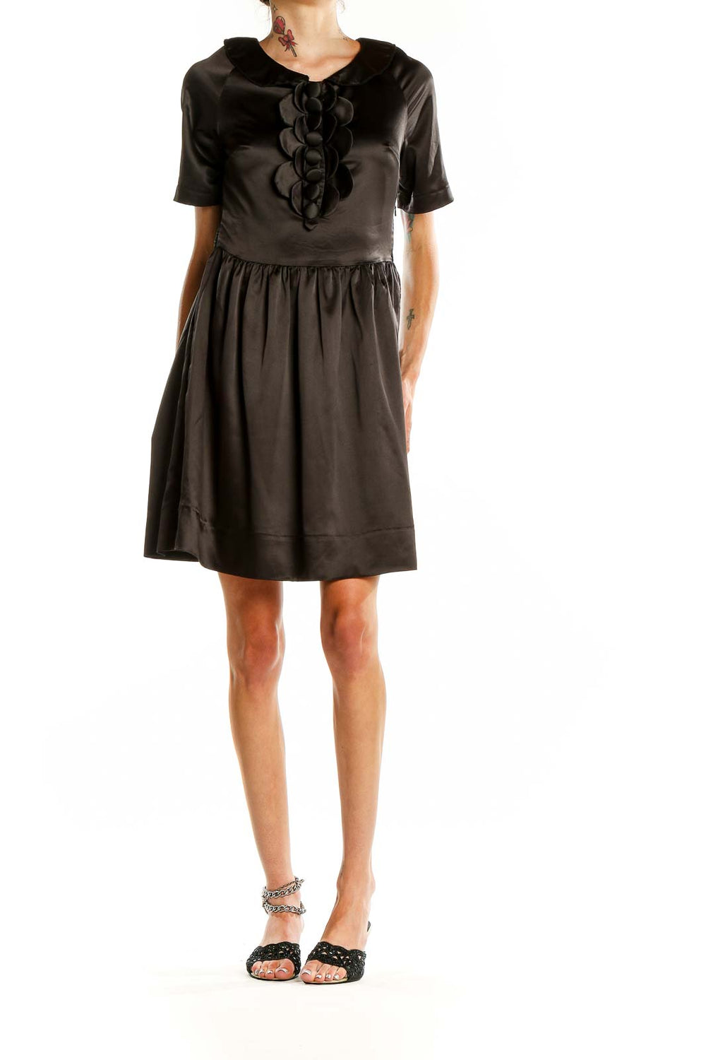 Front view of Marc By Marc Jacobs black satin dress with ruffle detail